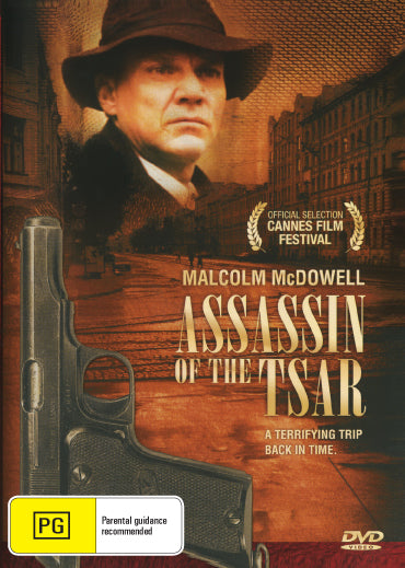 DVD cover of Assassin of the Tsar drama featuring Malcolm McDowell and Oleg Yankovskiy, showcasing the film's artwork.