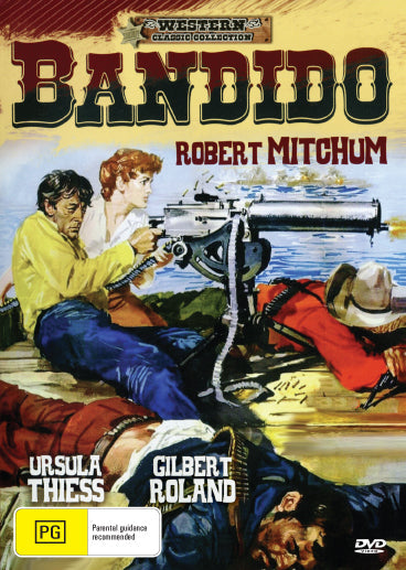 DVD cover of "Bandido!" featuring Robert Mitchum and Ursula Thiess, showcasing action scenes from the classic film.