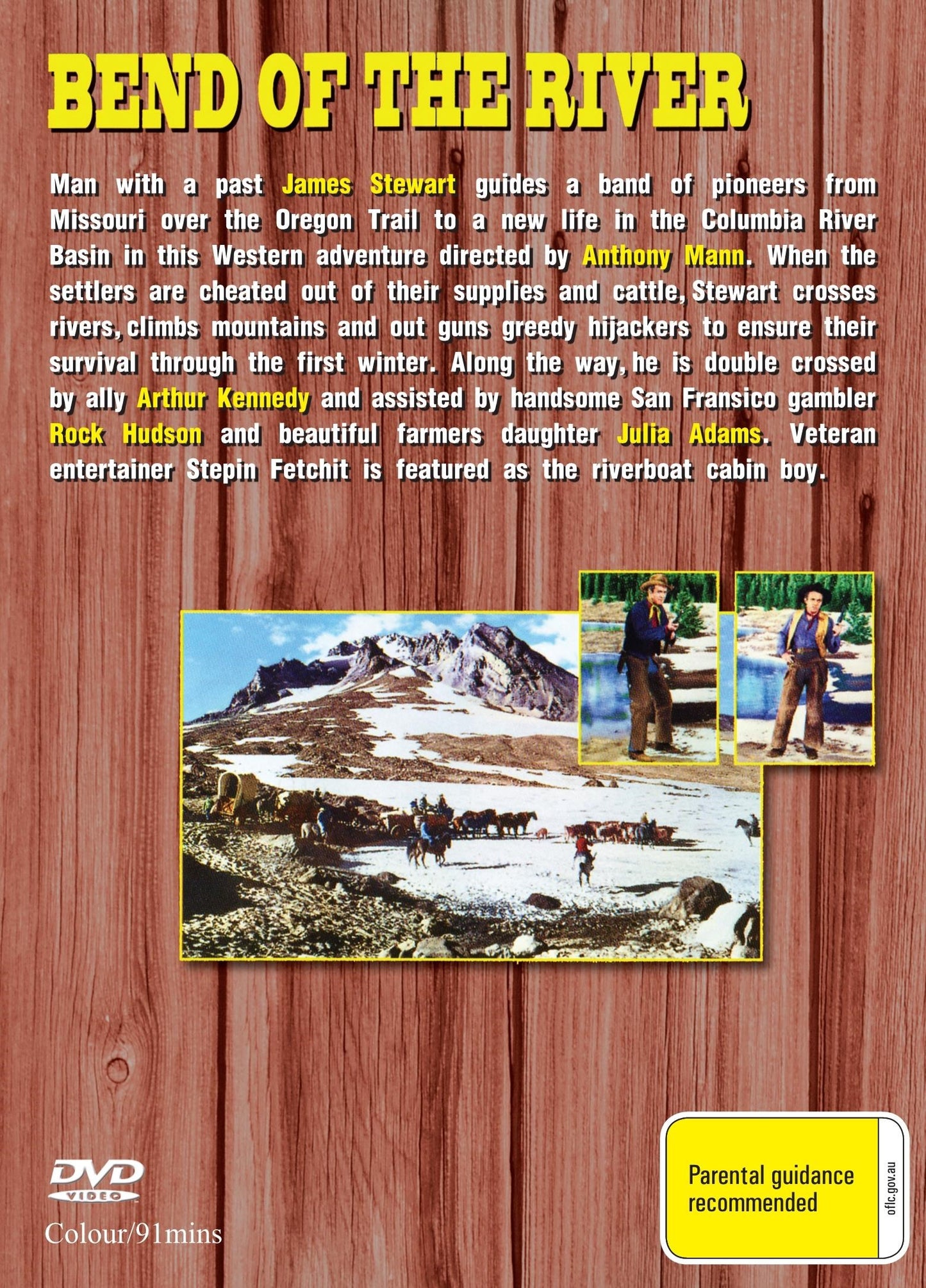 DVD cover of Bend of the River featuring James Stewart and Rock Hudson, an action film available on DVD.