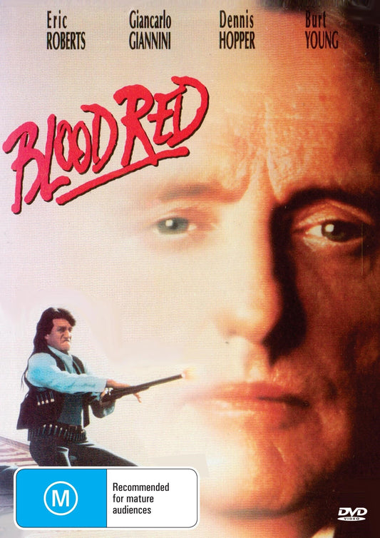 Blood Red DVD featuring romance with Eric Roberts and Giancarlo Giannini, image shows the DVD cover with characters and title.