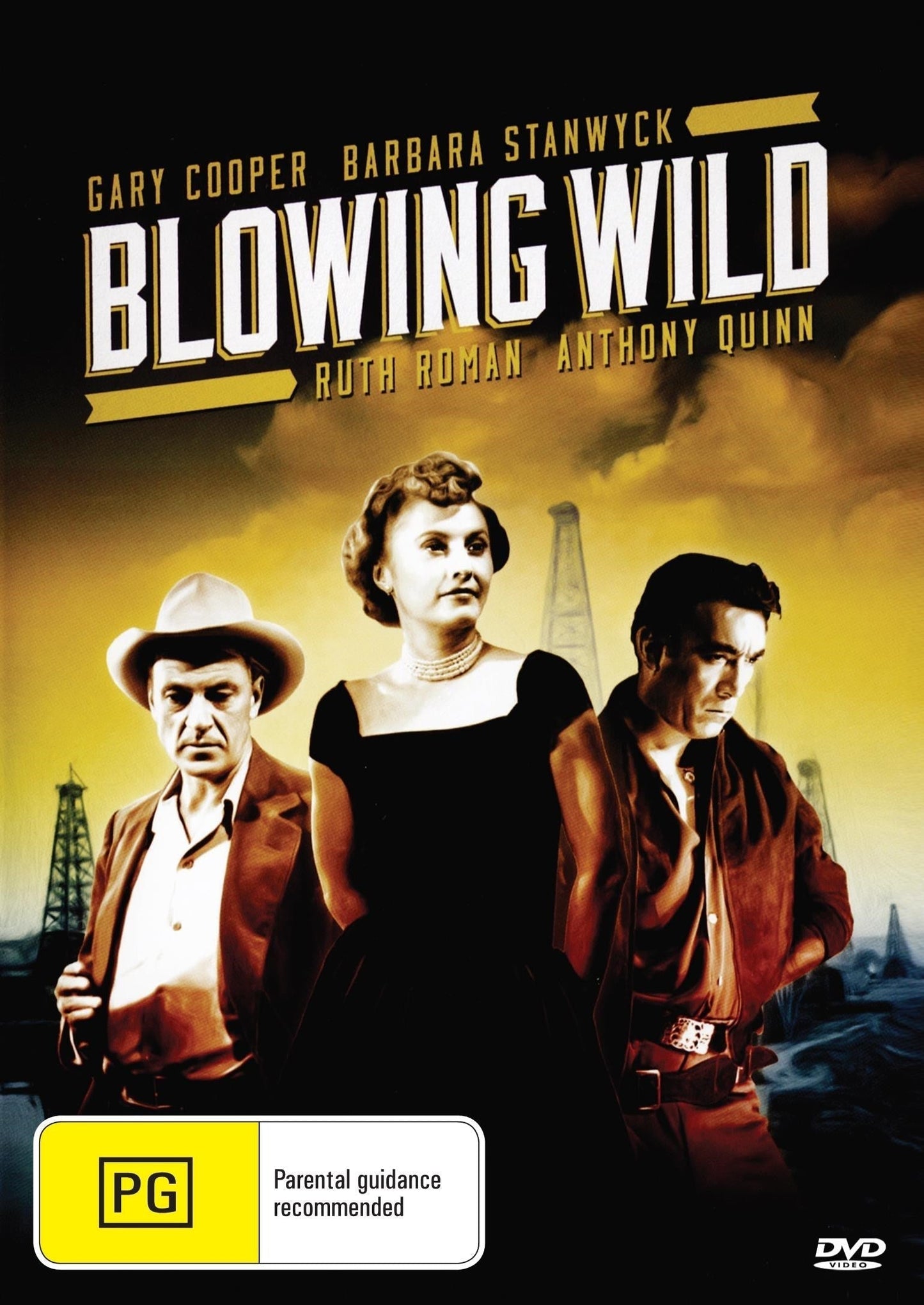 DVD cover for "Blowing Wild" featuring Gary Cooper and Barbara Stanwyck, adventure film from the rareandcollectibledvds collection
