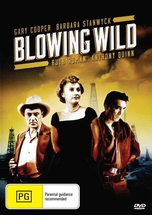 DVD cover for "Blowing Wild" featuring Gary Cooper and Barbara Stanwyck, adventure film from the rareandcollectibledvds collection