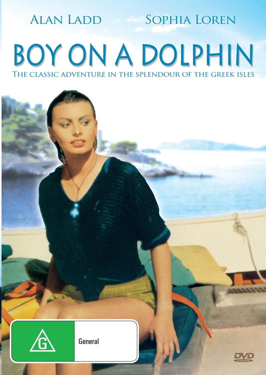 DVD cover of "Boy on a Dolphin" drama featuring Alan Ladd and Clifton Webb, showcasing the film's main characters and vintage artwork.