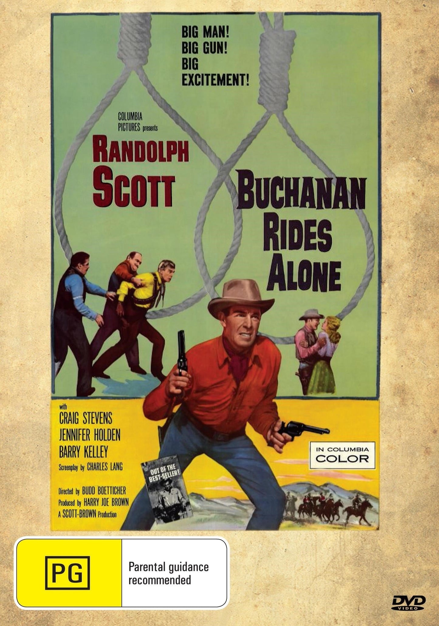 DVD cover of "Buchanan Rides Alone" featuring Randolph Scott and Craig Stevens, drama film in a vintage style.