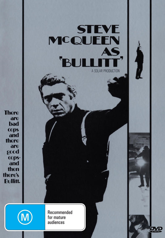 DVD cover of Bullitt starring Steve McQueen and Jacqueline Bisset, featuring crime and action scenes from the classic film.