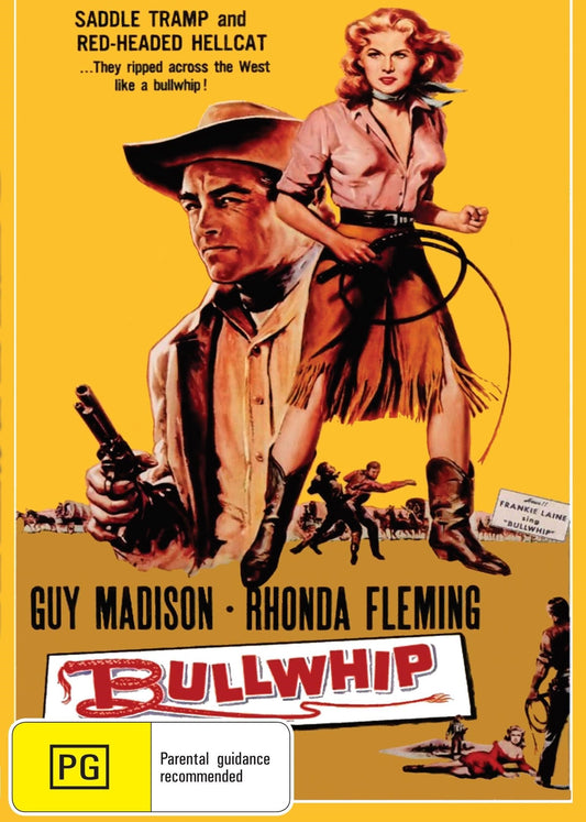 DVD cover of the drama "Bullwhip" featuring Guy Madison and Rhonda Fleming, with vintage movie poster artwork.
