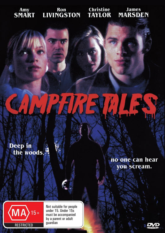 Campfire Tales horror DVD featuring James Marsden and Amy Smart, with cover art showing eerie forest scene and cast images.