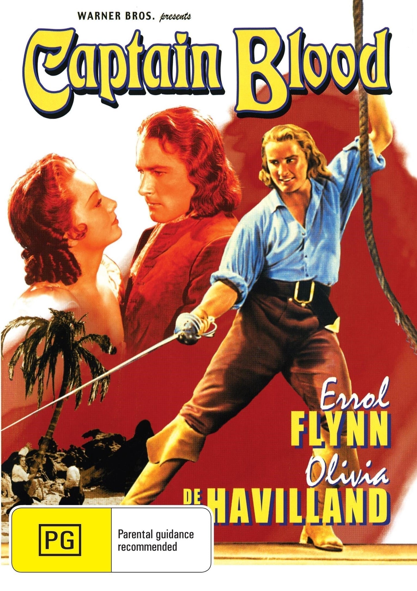 DVD of Captain Blood featuring Errol Flynn and Olivia de Havilland, action film from the 1930s on a collectible DVD case
