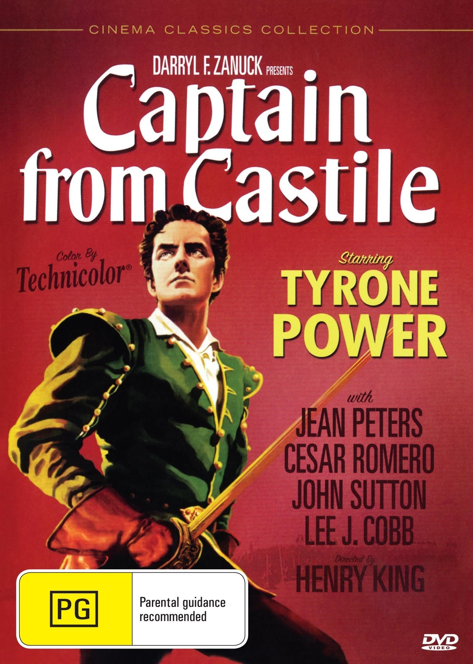DVD of Captain From Castile drama featuring Tyrone Power and Jean Peters, with a cover image of the movie artwork.