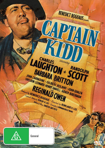 DVD of Captain Kidd adventure film featuring Charles Laughton and Randolph Scott, available from RareAndCollectibleDVDs