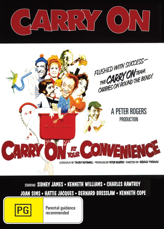 Carry On at Your Convenience DVD featuring Sidney James and Kenneth Williams, a classic comedy with vintage packaging.