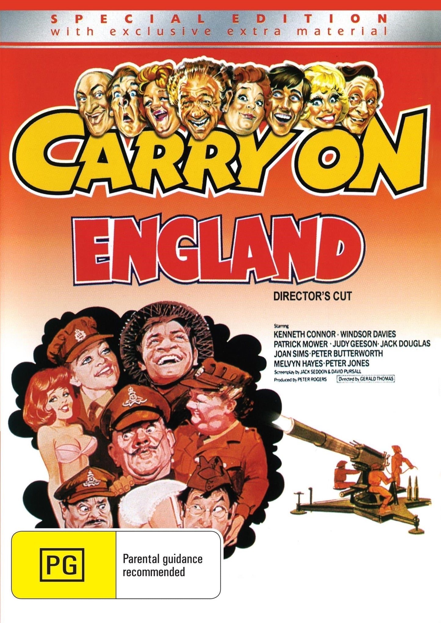 Carry On England DVD featuring comedy stars Kenneth Connor and Windsor Davies, with a scene from the classic British film.