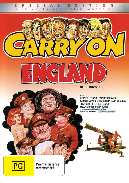 Carry On England DVD featuring comedy stars Kenneth Connor and Windsor Davies, with a scene from the classic British film.