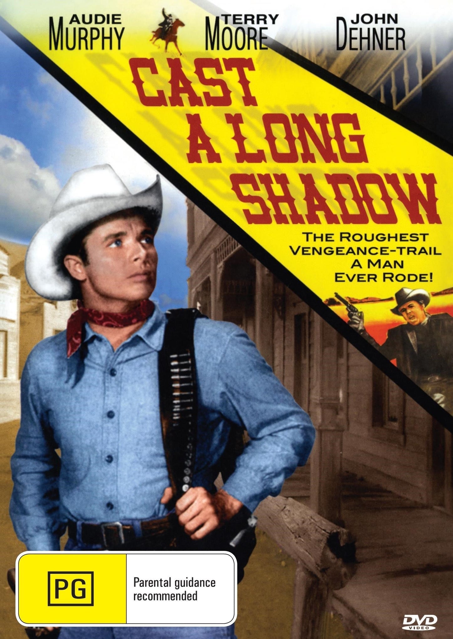 Western DVD "Cast A Long Shadow" starring Audie Murphy and Terry Moore, featuring cover art with vintage Western imagery.