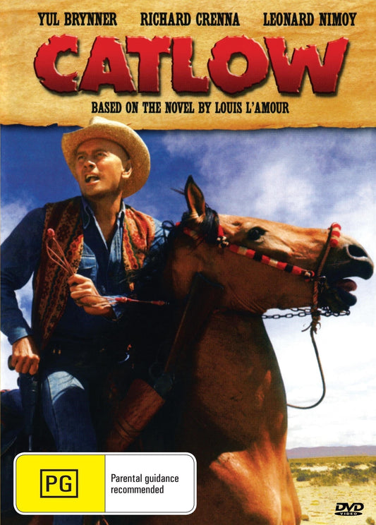 Catlow DVD featuring Yul Brynner and Richard Crenna in this comedy film, image of the movie cover art with actors and title.