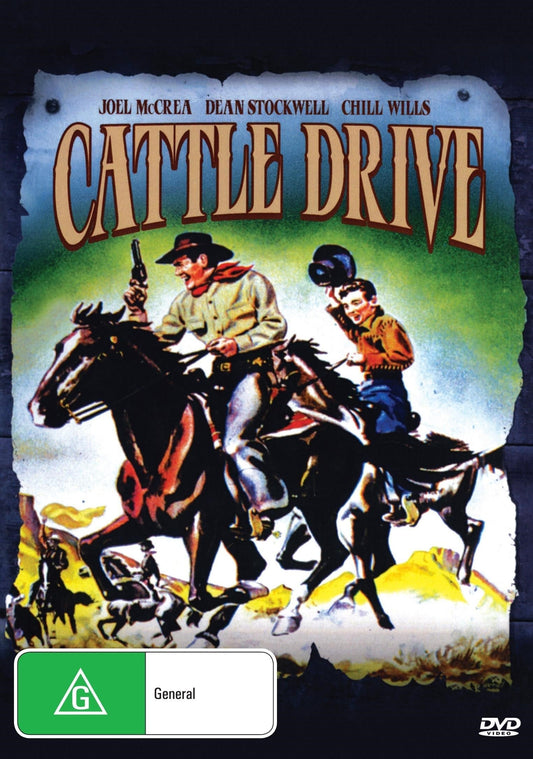 Western DVD titled Cattle Drive featuring Joel McCrea and Dean Stockwell, showing a scene from the classic Western film.