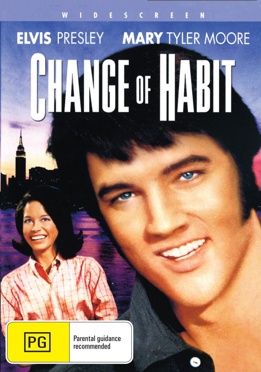 DVD of Change of Habit drama with Elvis Presley and Mary Tyler Moore, featuring cover art of the movie.