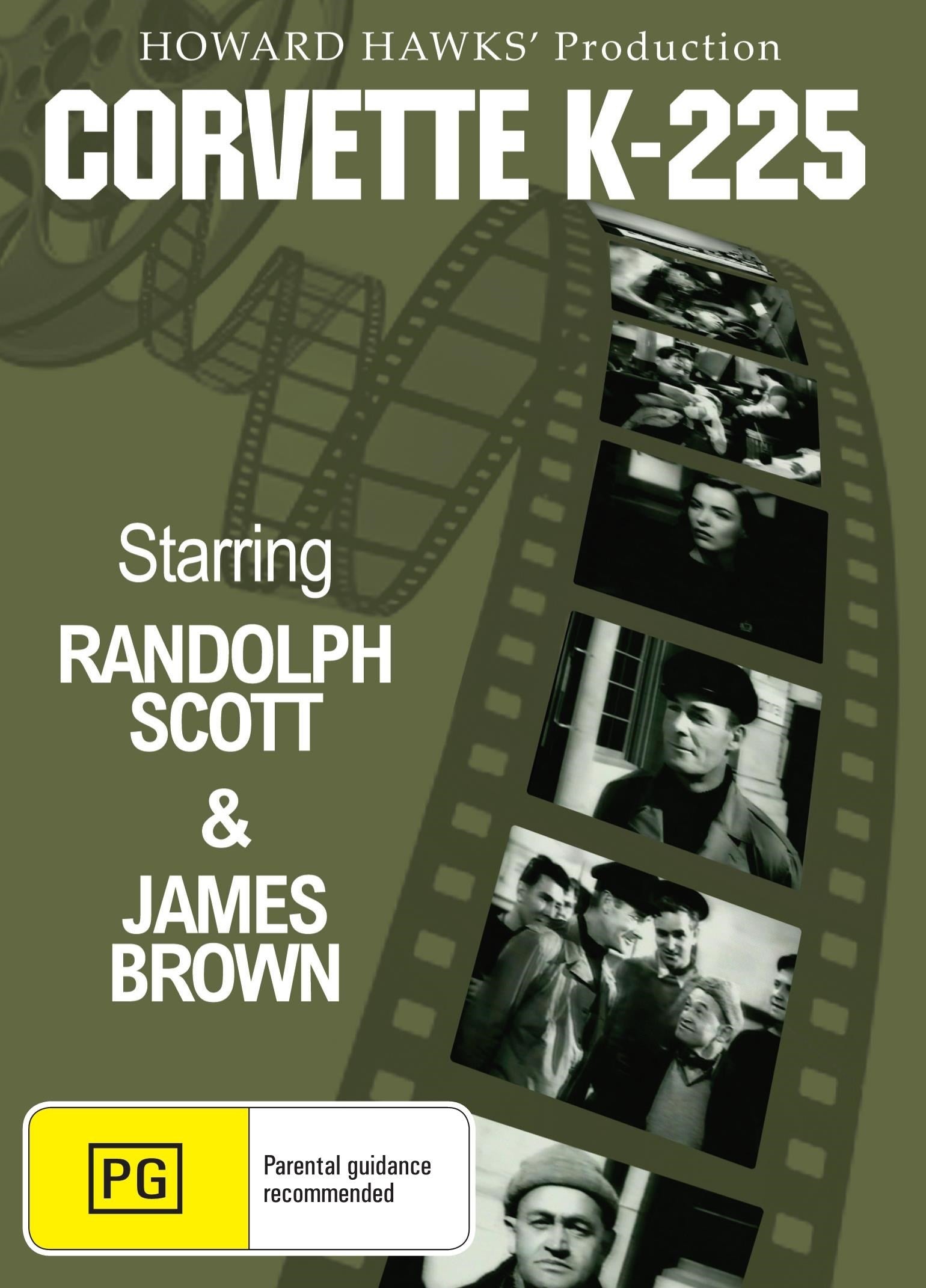 DVD cover of Corvette K-225 drama featuring Randolph Scott and James Brown, with vintage movie artwork and title text.