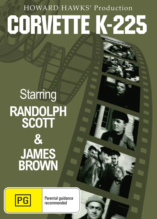 DVD cover of Corvette K-225 drama featuring Randolph Scott and James Brown, with vintage movie artwork and title text.