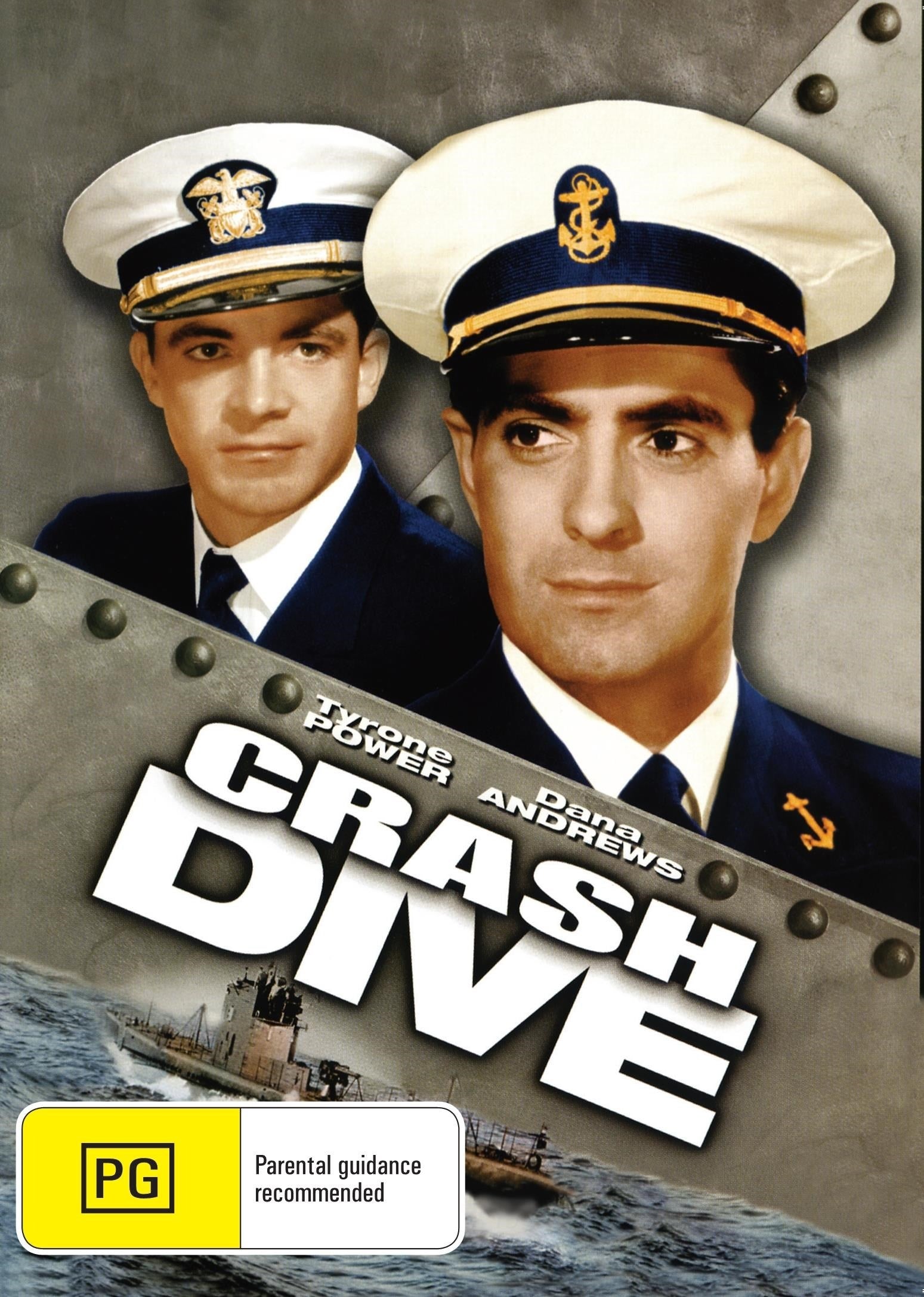 DVD cover of the drama film Crash Dive starring Tyrone Power and Anne Baxter, featuring vintage movie artwork.