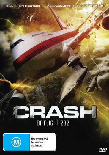 DVD cover of "Crash of Flight 232" drama featuring Charlton Heston and James Coburn, showing the film's poster with characters.