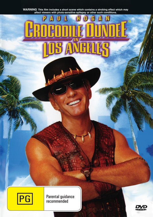 DVD cover of Crocodile Dundee in Los Angeles featuring Paul Hogan and Linda Kozlowski, action movie from the Crocodile Dundee series.