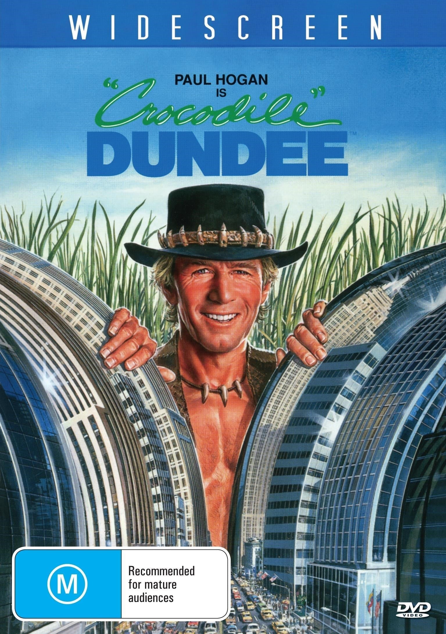Crocodile Dundee DVD featuring Paul Hogan and Linda Kozlowski in a comedy film, with a cover image showing the movie's artwork.
