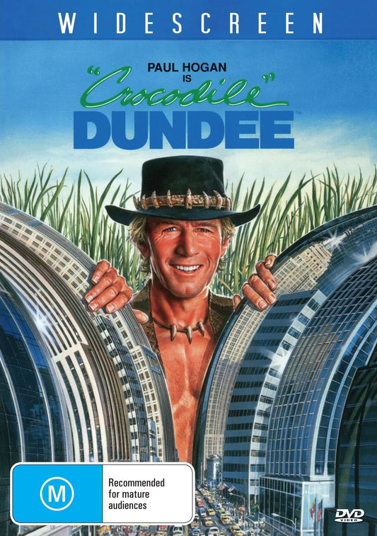 Crocodile Dundee DVD featuring Paul Hogan and Linda Kozlowski in a comedy film, with a cover image showing the movie's artwork.