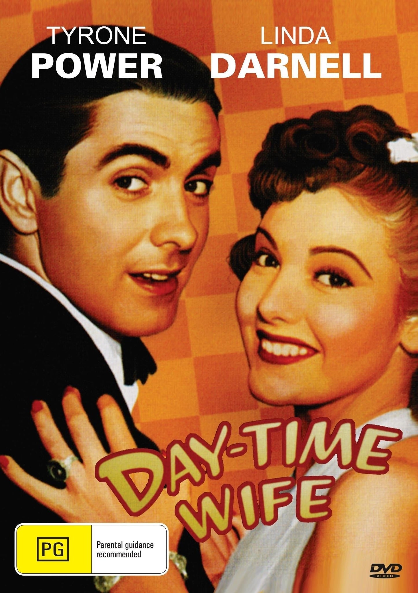 DVD cover of "Day-Time Wife" comedy featuring Tyrone Power and Linda Darnell, with actors and film title visible.