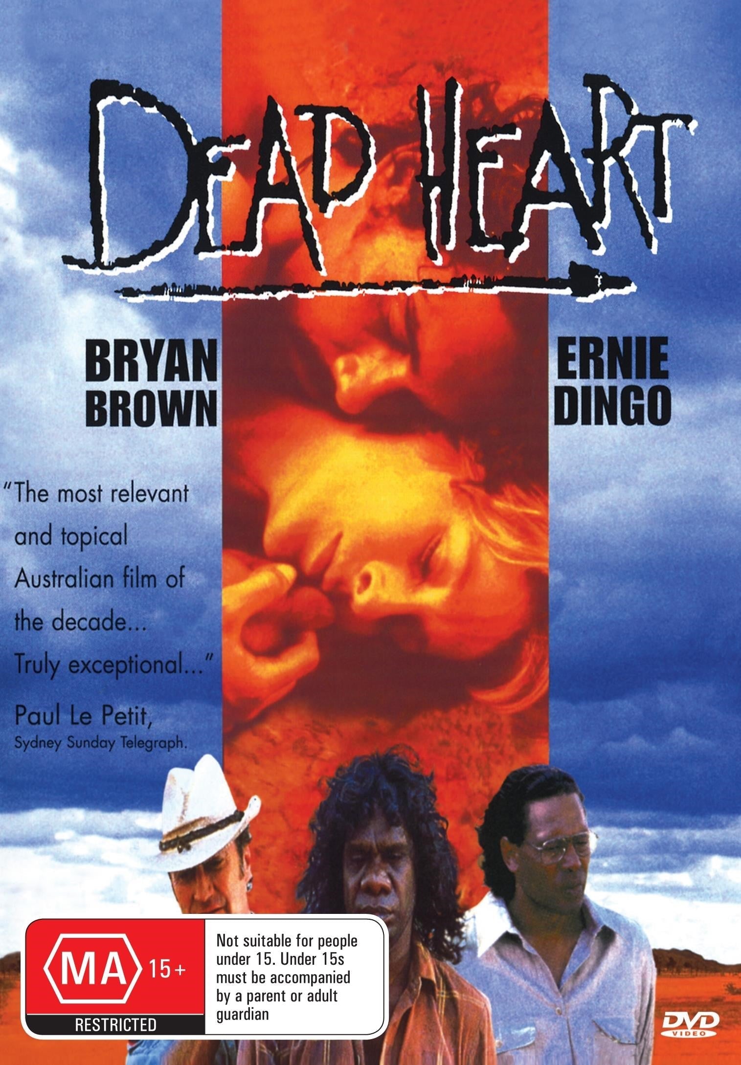 DVD cover of Dead Heart drama featuring Bryan Brown and Ernie Dingo, with artwork showing the film title and actors' images.