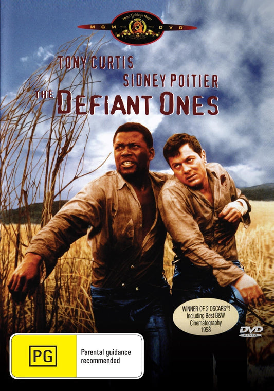 DVD of The Defiant Ones drama with Tony Curtis and Sidney Poitier, featuring cover art and film details.