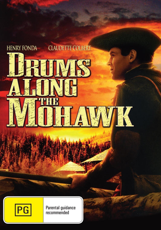 DVD cover of "Drums Along the Mohawk" featuring Claudette Colbert and Henry Fonda, a classic drama film.