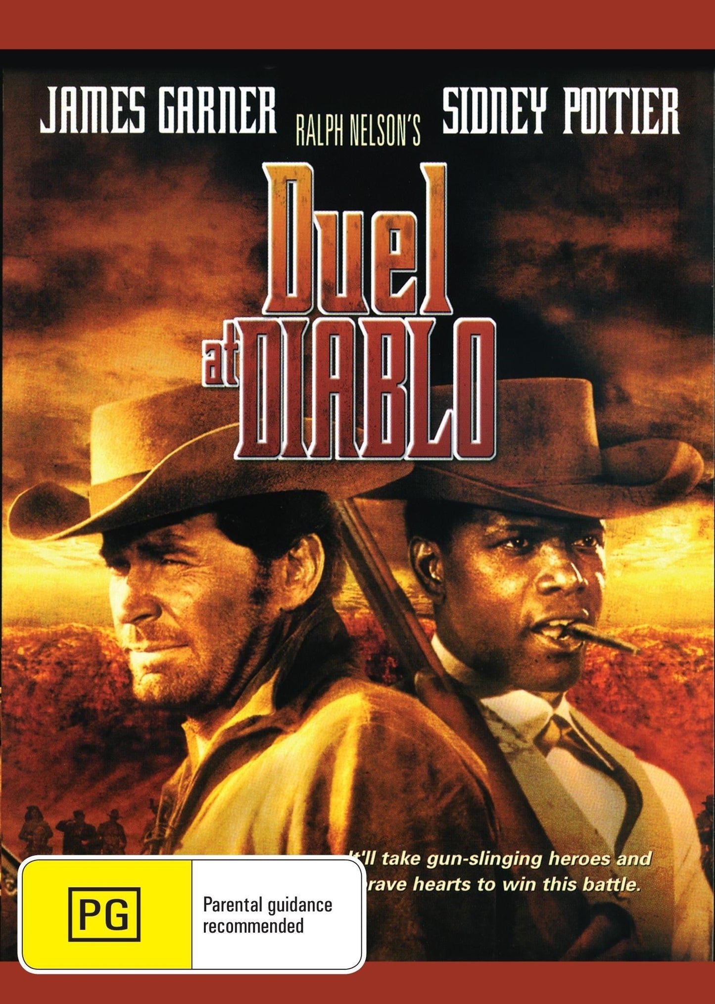 Duel at Diablo DVD featuring James Garner and Sidney Poitier, drama film with actors in Western-themed costumes.