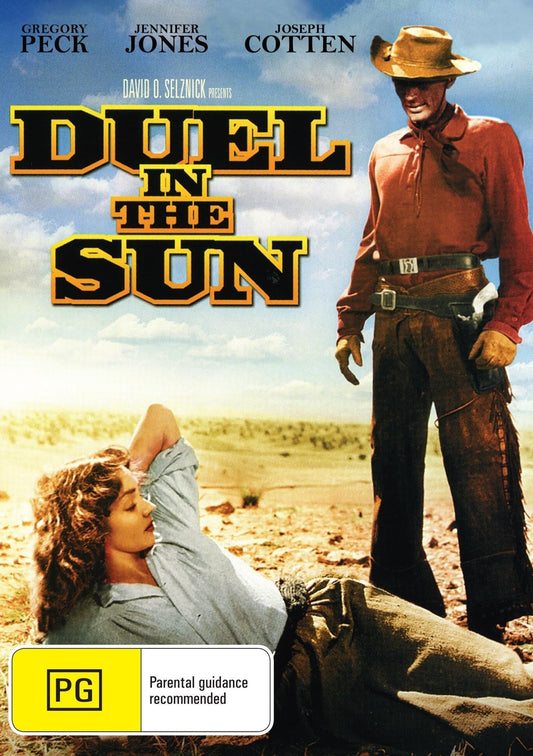 Duel in the Sun DVD featuring Jennifer Jones and Joseph Cotten, drama film, with cover art showing actors and vintage design elements.