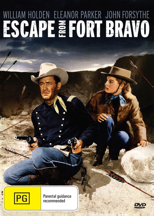 DVD cover of "Escape from Fort Bravo" featuring William Holden and Eleanor Parker, a dramatic Western film.
