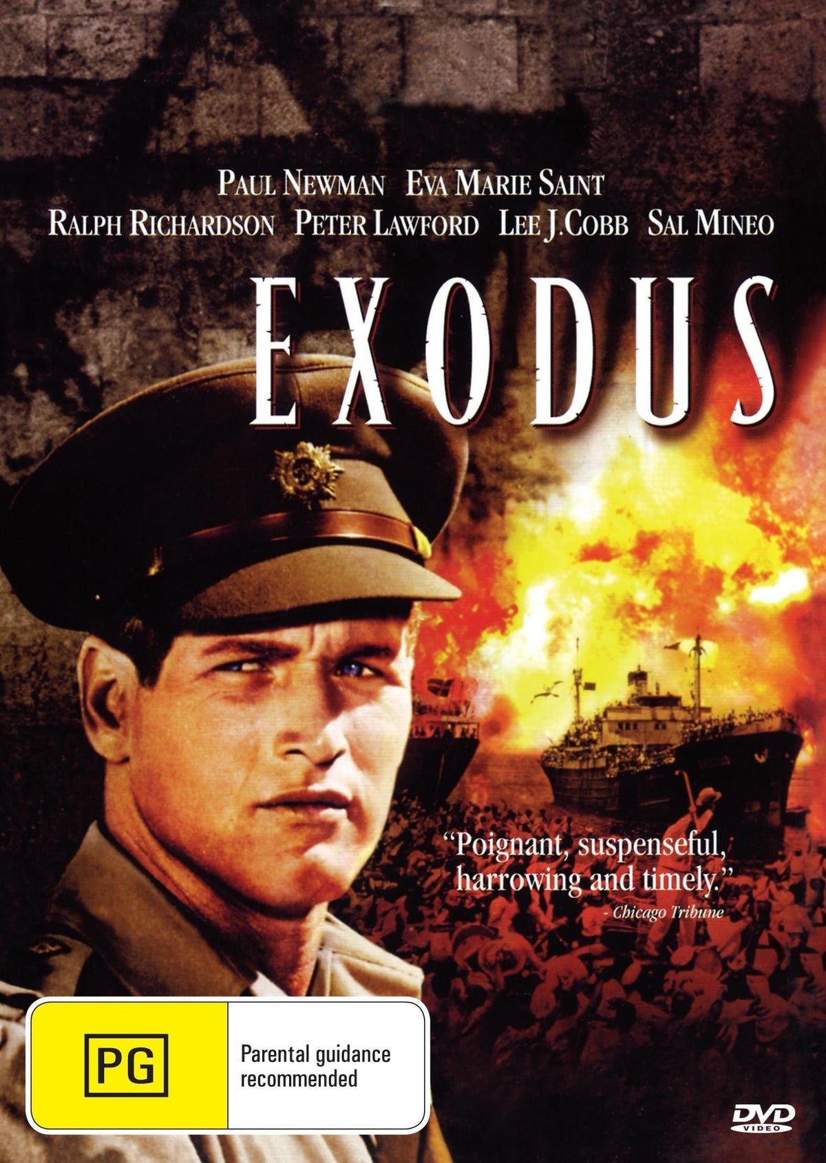 DVD cover of Exodus featuring Paul Newman and Eva Marie Saint, a war film available on a rareandcollectibledvds collectible DVD.
