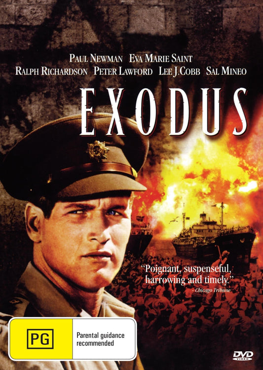 DVD cover of Exodus featuring Paul Newman and Eva Marie Saint, a war film available on a rareandcollectibledvds collectible DVD.