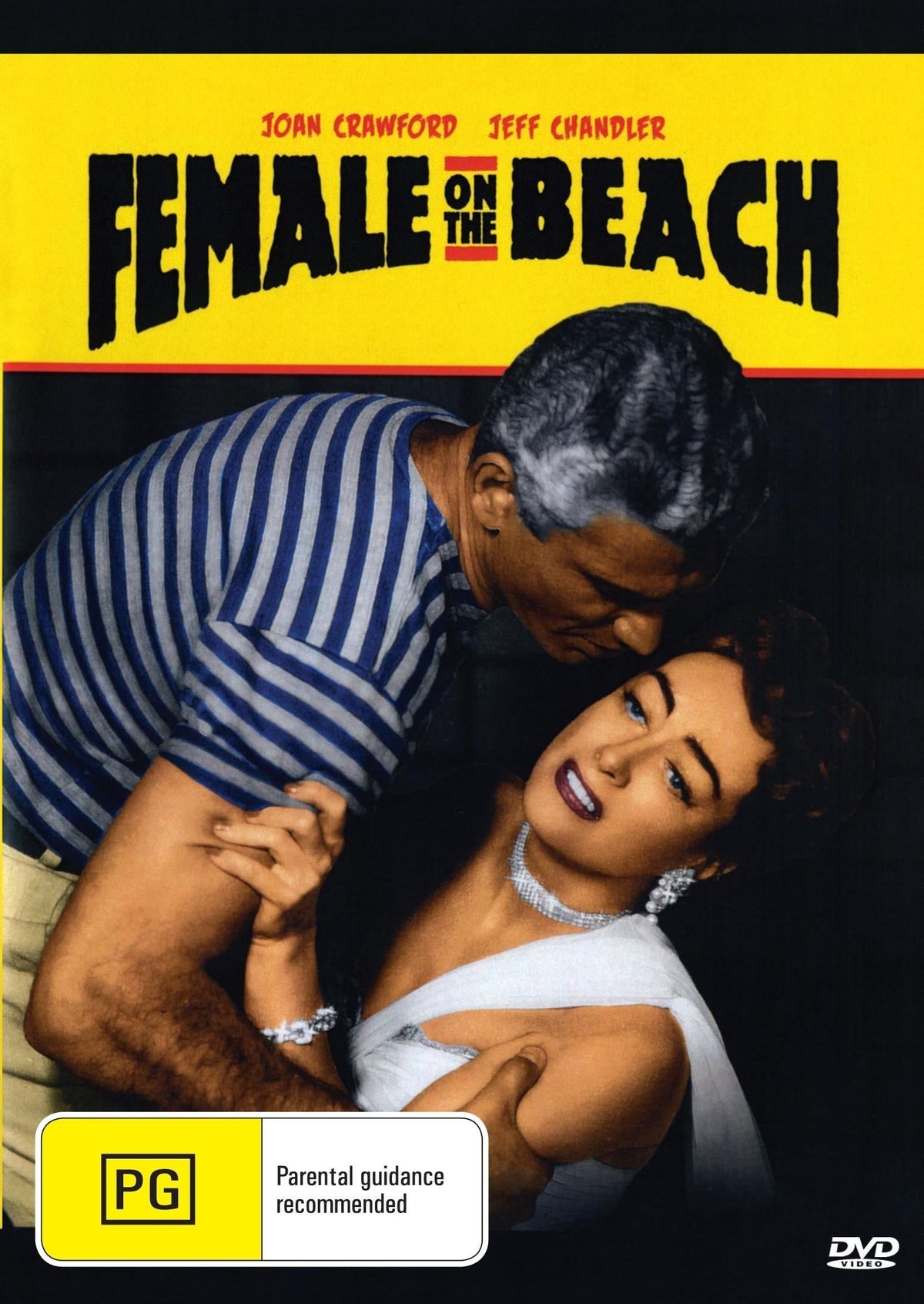 Female on the Beach DVD featuring Joan Crawford and Jeff Chandler, crime drama with vintage film imagery.