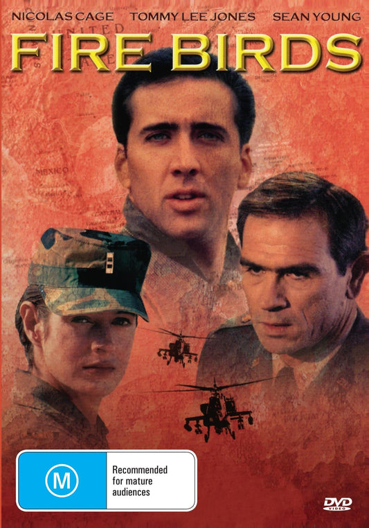 DVD cover for Fire Birds starring Nicolas Cage and Tommy Lee Jones, featuring action scenes and military aircraft.