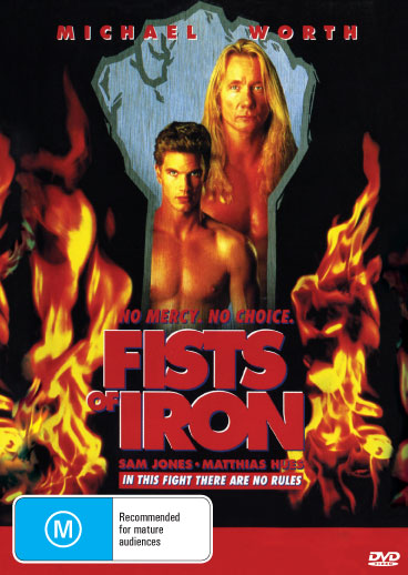 Fists Of Iron DVD featuring action scenes with Michael Worth and Jenilee Harrison, displayed with cover art and DVD case.
