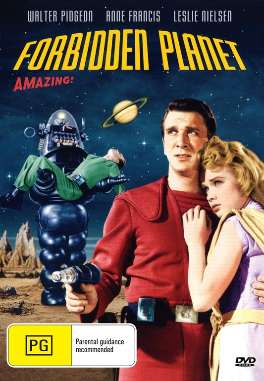 DVD cover of Forbidden Planet featuring Walter Pidgeon and Anne Francis, sci-fi movie from the 1950s with vintage artwork.