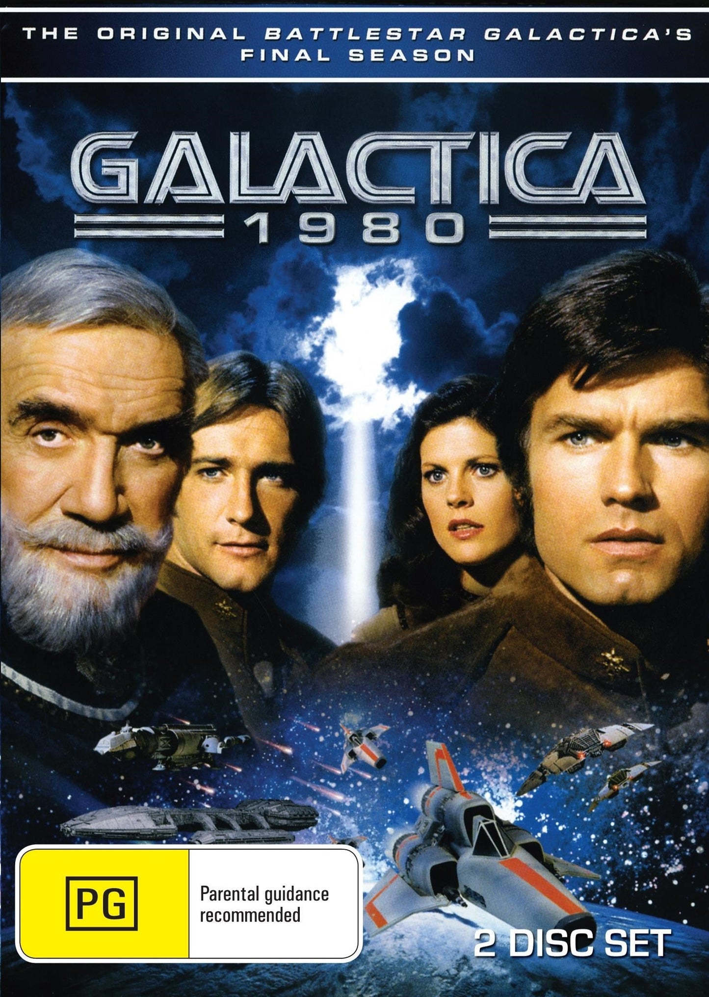 Galactica 1980 on DVD featuring Kent McCord and Barry Van Dyke, adventure series with collectible DVD packaging.