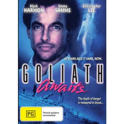 DVD of "Goliath Awaits," a romance film starring Mark Harmon and Christopher Lee, featuring cover art with cinematic imagery.