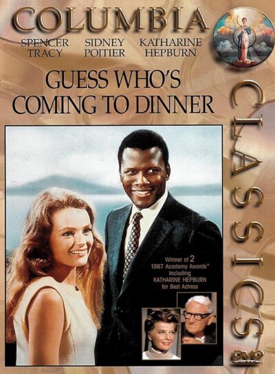 DVD of "Guess Who's Coming to Dinner" comedy with Spencer Tracy and Sidney Poitier, featuring cover art with film title and actors.