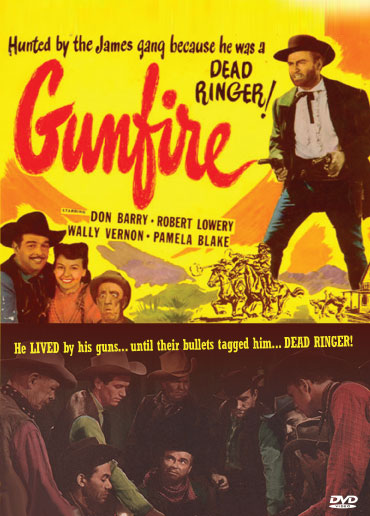 Western DVD titled Gunfire featuring Don 'Red' Barry and Robert Lowery, displayed with cover art and DVD case.