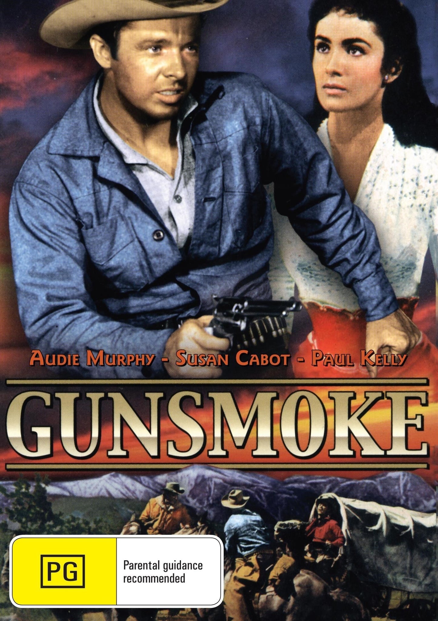 Gunsmoke on DVD featuring Audie Murphy and Susan Cabot, Western movie with vintage cover art, collectible film DVD.