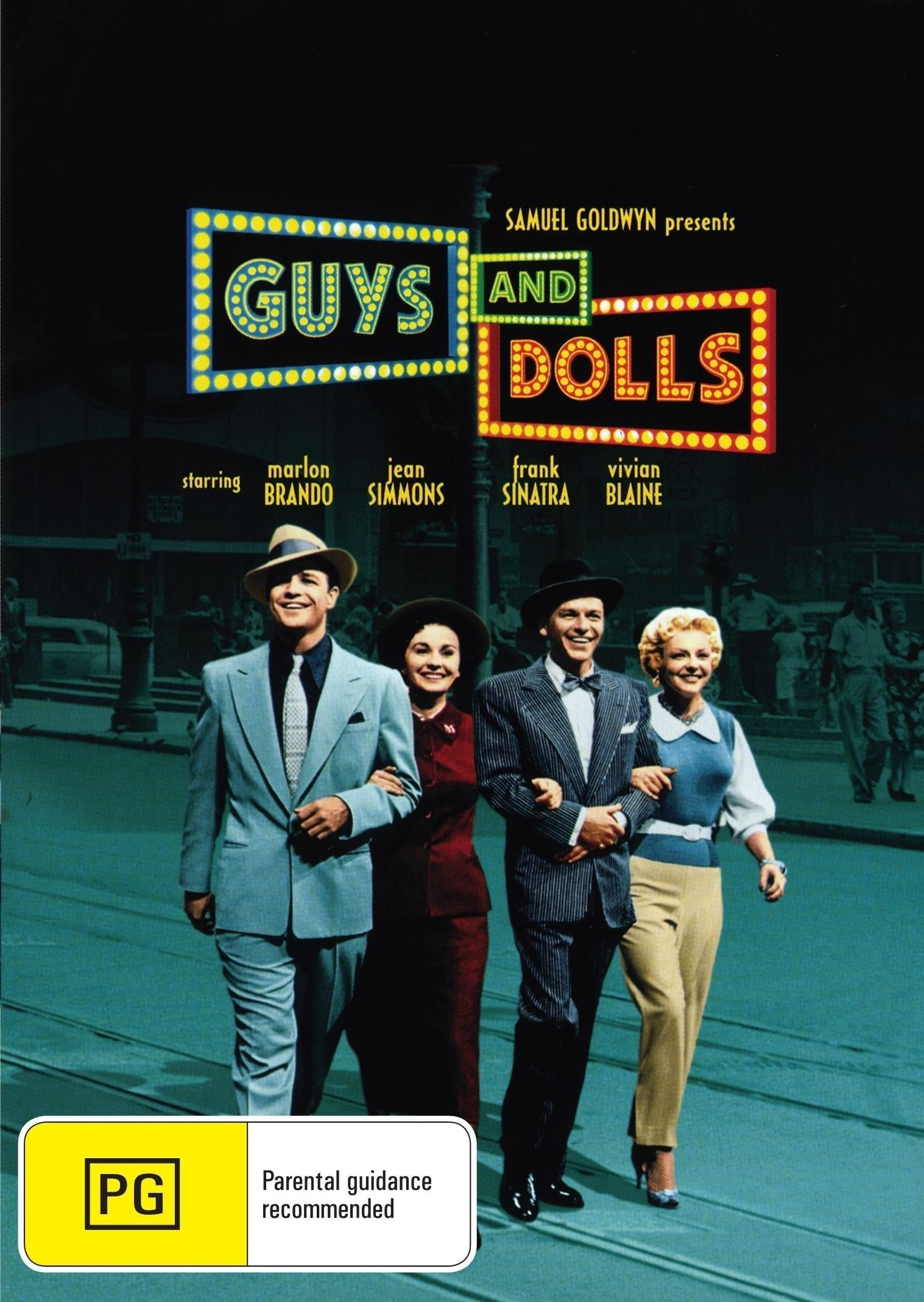 DVD cover of Guys and Dolls comedy featuring Marlon Brando and Jean Simmons, showcasing actors and colorful movie poster artwork.