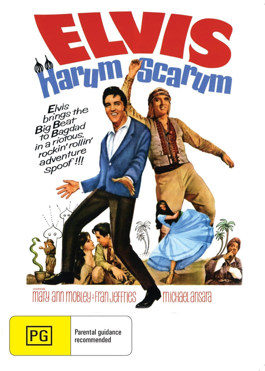 DVD cover of Harum Scarum musical starring Elvis Presley and Mary Ann Mobley, featuring vibrant movie artwork.