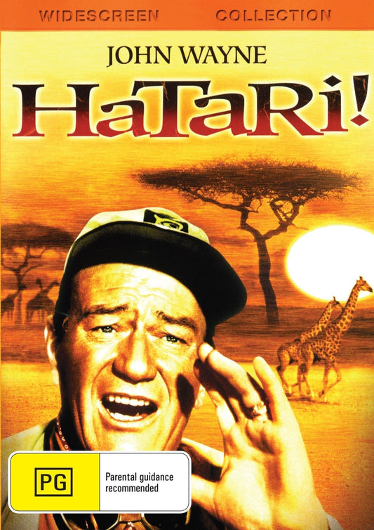 DVD cover of Hatari! featuring John Wayne and Elsa Martinelli, an action film available from rareandcollectibledvds.