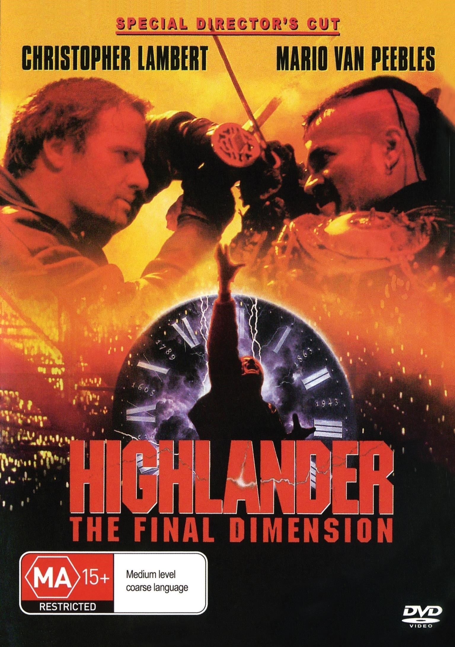 DVD cover of Highlander: The Final Dimension featuring Christopher Lambert and Mario Van Peebles, romance genre, collectible edition.